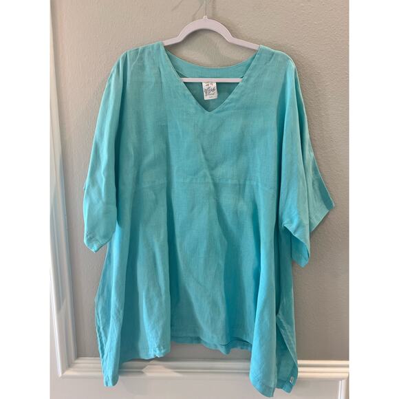 003 Match Point Women's Linen Kimono Tunic Oversized Aqua Size S Pullover Blouse - Picture 1 of 7